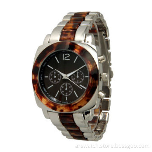 Turtle Shell Plastic and Metal Band Watch with Japan Multifunction Movement